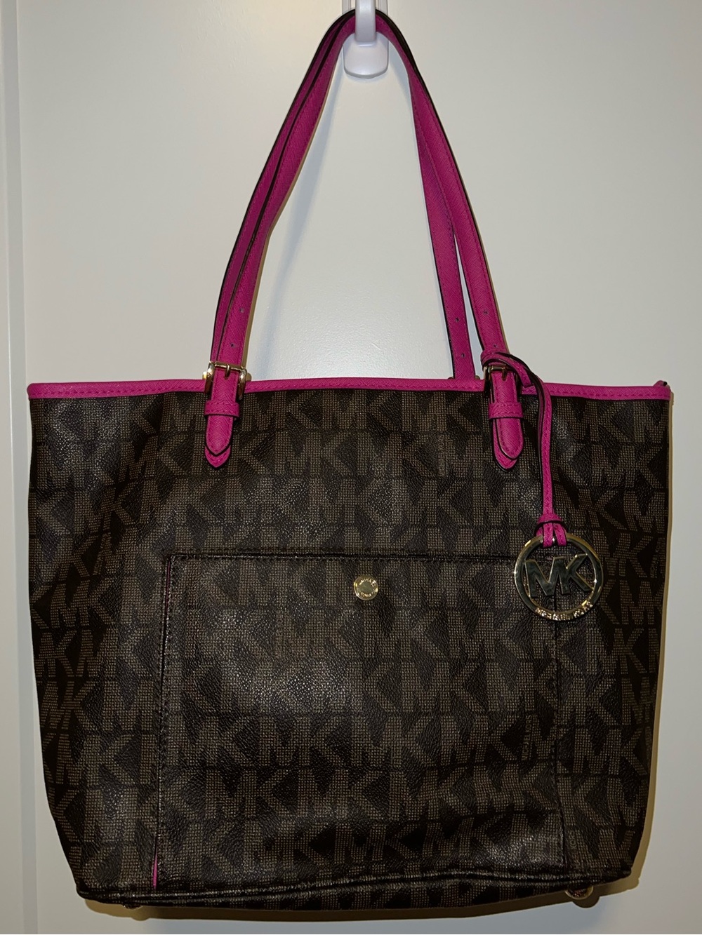 Michael Kors Brown MK Logo Tote with Fuchsia Trim - Like New!